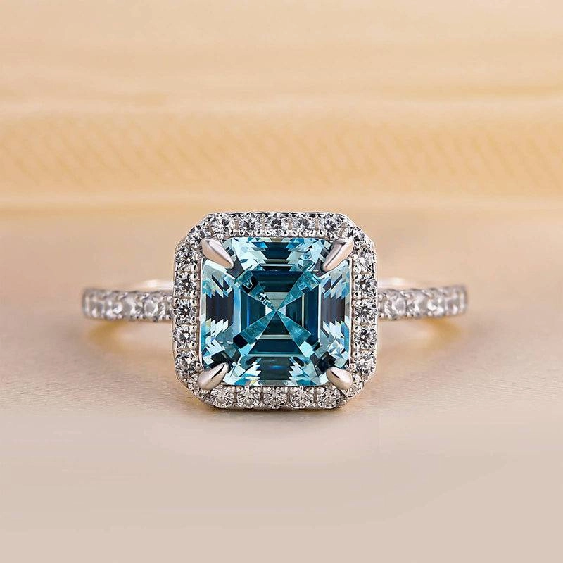 Louily Exclusive Halo Asscher Cut Light Aquamarine Blue Engagement Ring In Sterling Silver Corrosion resistant