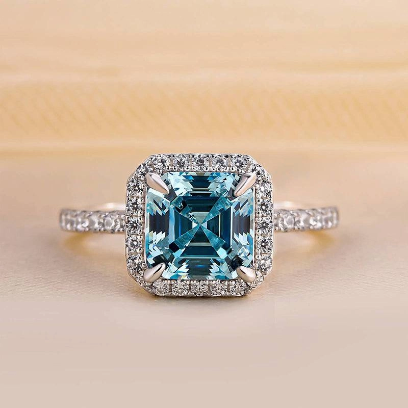 Retro Inspired Simple Ornament Louily Exclusive Halo Asscher Cut Light Aquamarine Blue Engagement Ring In Sterling Silver