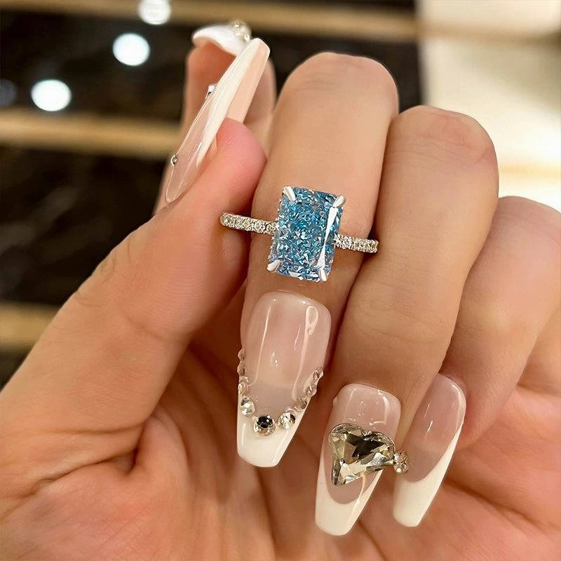 Personal Work Louily Exclusive Radiant Cut Light Aquamarine Blue Engagement Ring In Sterling Silver