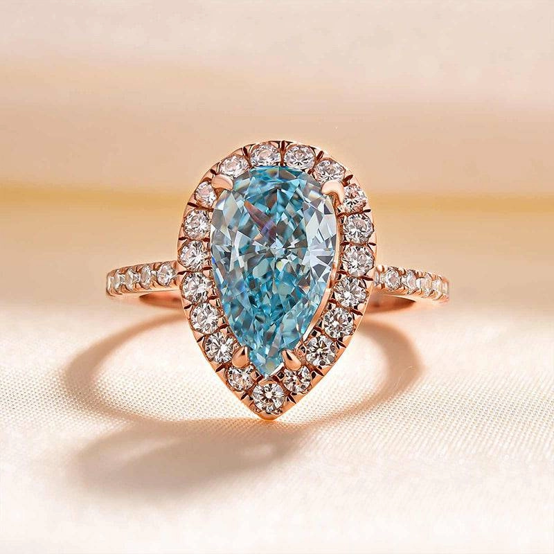 Glamorous Symbol Youth Gift Louily Exquisite Rose Gold Halo Pear Cut Cyan Blue Engagement Ring In Sterling Silver