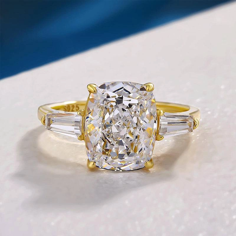 Louily Exquisite Yellow Gold Cushion Cut Three Stone Engagement Ring In Sterling Silver Custom Statement