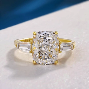 High-End Ornament Beautiful Decoration Louily Exquisite Yellow Gold Cushion Cut Three Stone Engagement Ring In Sterling Silver