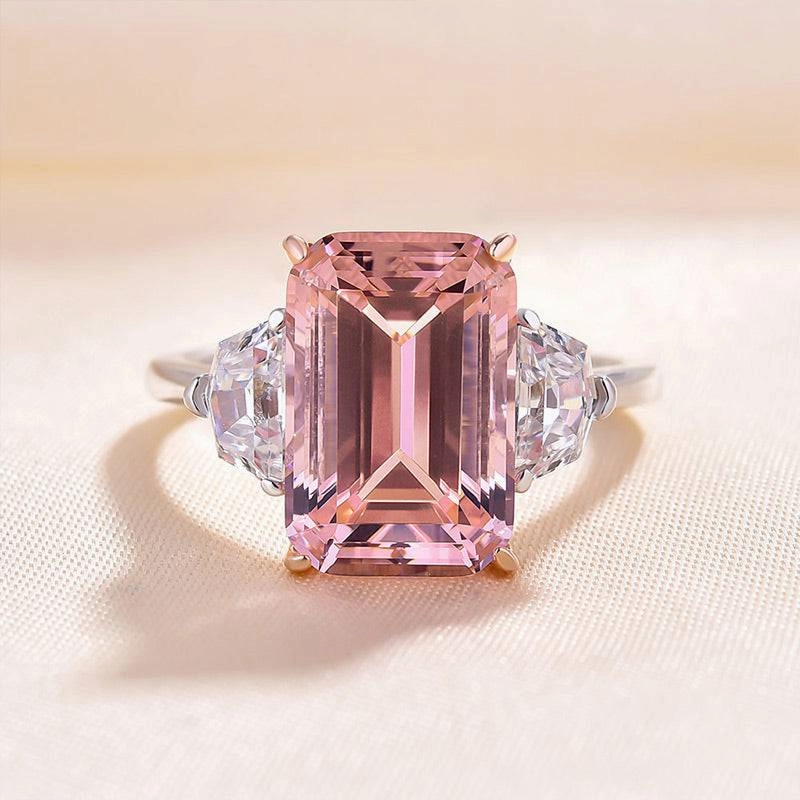 Louily Gorgeous Emerald Cut Morganite Pink Three Stone Engagement Ring In Sterling Silver Creative Style Shimmer Mood