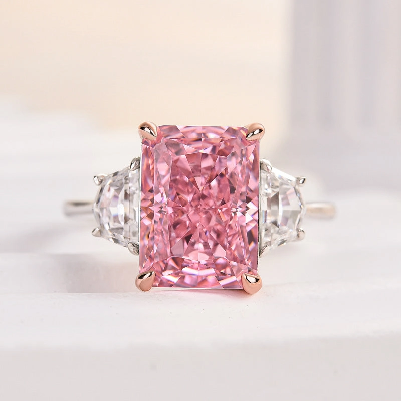 Louily Gorgeous Pink Stone Radiant Cut Three Stone Engagement Ring Dainty Feel Beautiful Accessory