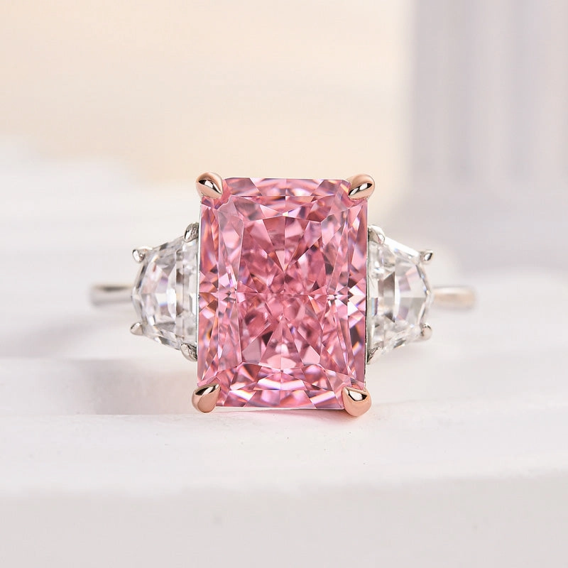 Ornate Design Delicate Statement Louily Gorgeous Pink Stone Radiant Cut Three Stone Engagement Ring