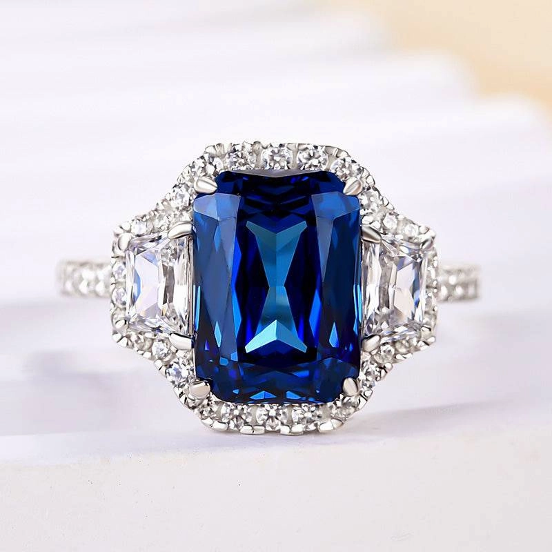 Louily Halo Blue Sapphire Cushion Cut Three Stone Engagement Ring In Sterling Silver High-End Work