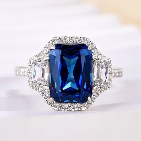 daily accessory Fine Decoration Louily Halo Blue Sapphire Cushion Cut Three Stone Engagement Ring In Sterling Silver