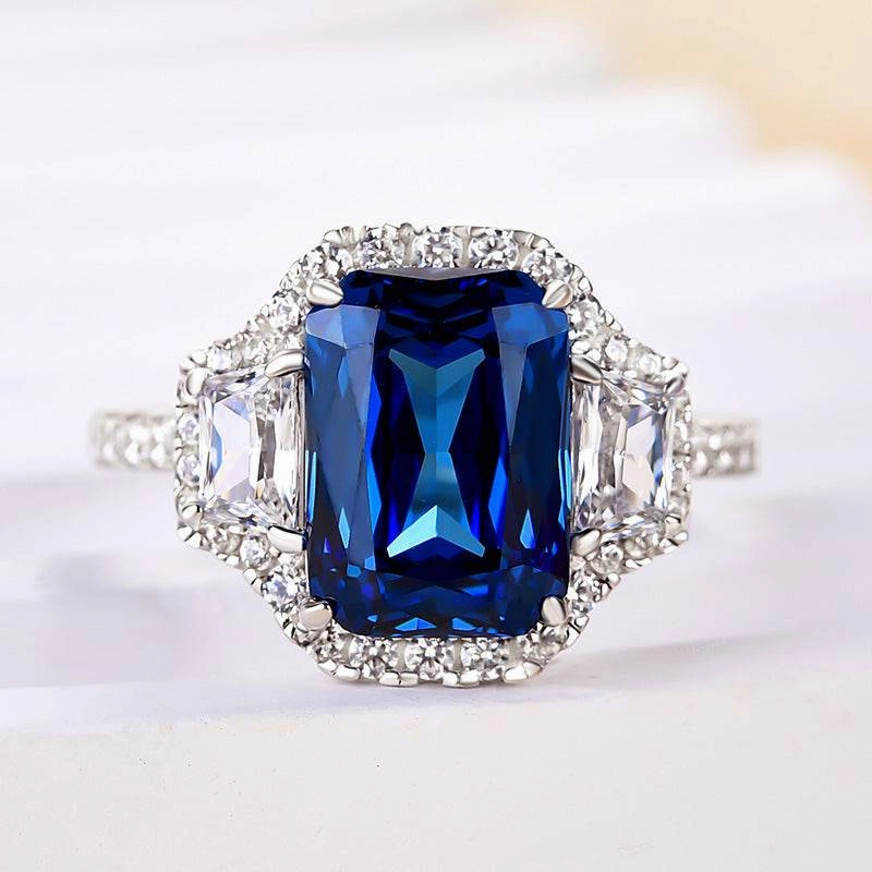 classic accessory Louily Halo Blue Sapphire Cushion Cut Three Stone Engagement Ring In Sterling Silver