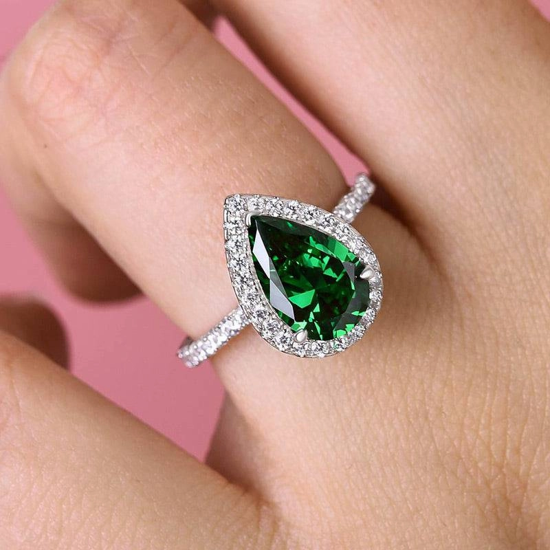 Timeless Flow Luxury Jewelry Louily Halo Pear Cut Emerald Green Engagement Ring In Sterling Silver