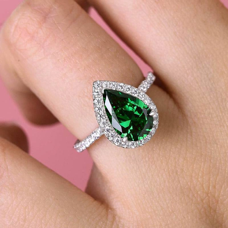 Elegant Symbol Louily Halo Pear Cut Emerald Green Engagement Ring In Sterling Silver