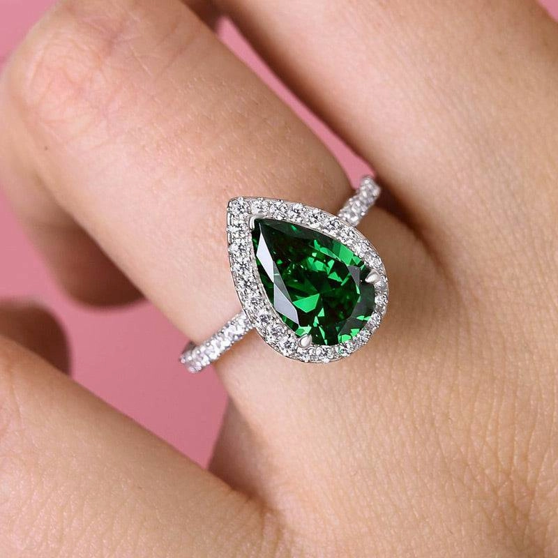 Louily Halo Pear Cut Emerald Green Engagement Ring In Sterling Silver Meaningful Jewelry Affordable Symbol