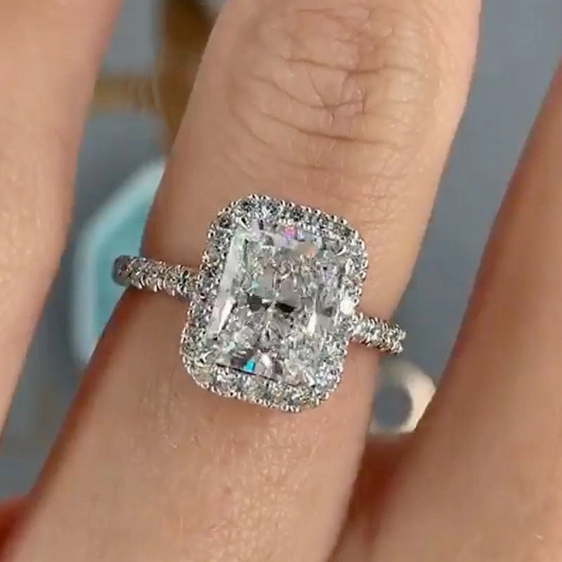 Louily Halo Radiant Cut White Sapphire Simulated Diamond Engagement Ring Custom Piece Casual Look