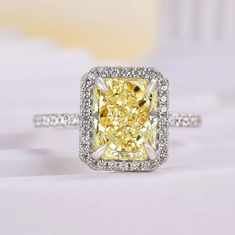 Event Piece Modern Contour Louily Halo Radiant Cut Yellow Sapphire Simulated Diamond Engagement Ring