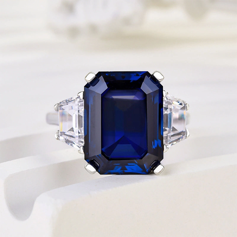 Louily Honorable Blue Sapphire Emerald Cut Three Stone Engagement Ring Minimal Geometry