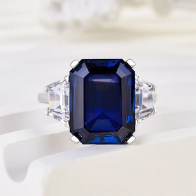 Louily Honorable Blue Sapphire Emerald Cut Three Stone Engagement Ring Minimal Geometry