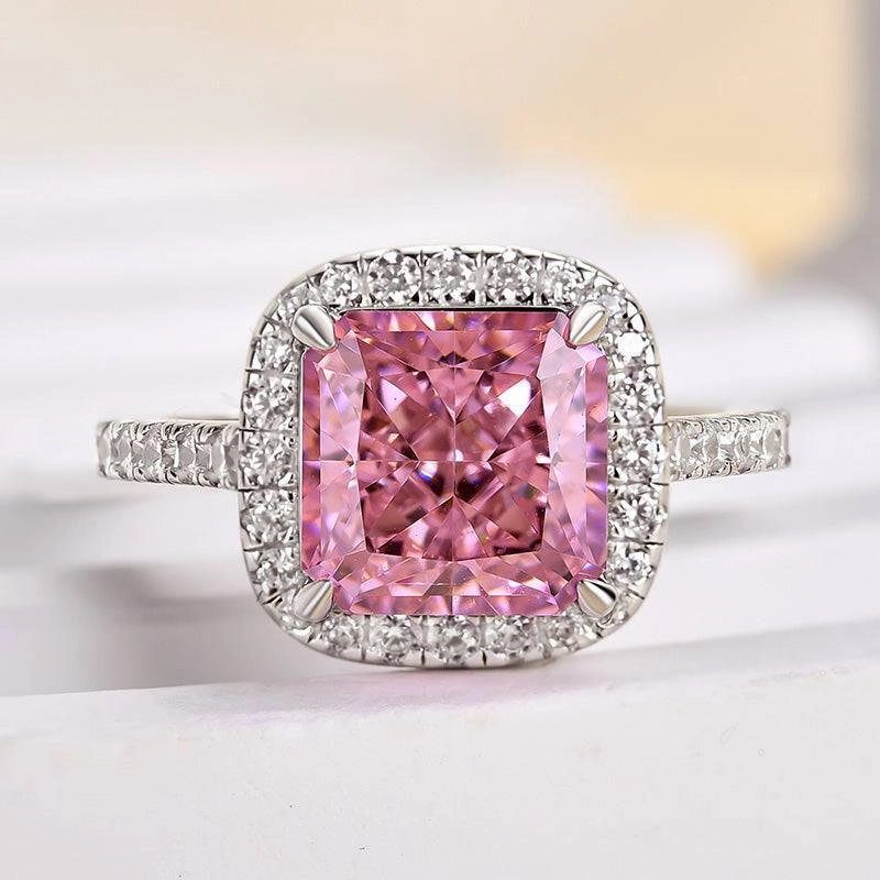 Luxurious Accent Louily Lovely Halo Radiant Cut Pink Stone Engagement Ring