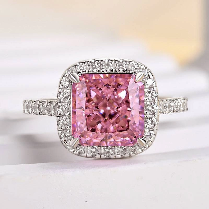 Opaque Surface Louily Lovely Halo Radiant Cut Pink Stone Engagement Ring