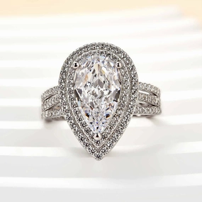 Luxury Craft Louily Luxury Double Halo Pear Cut Engagement Ring In Sterling Silver