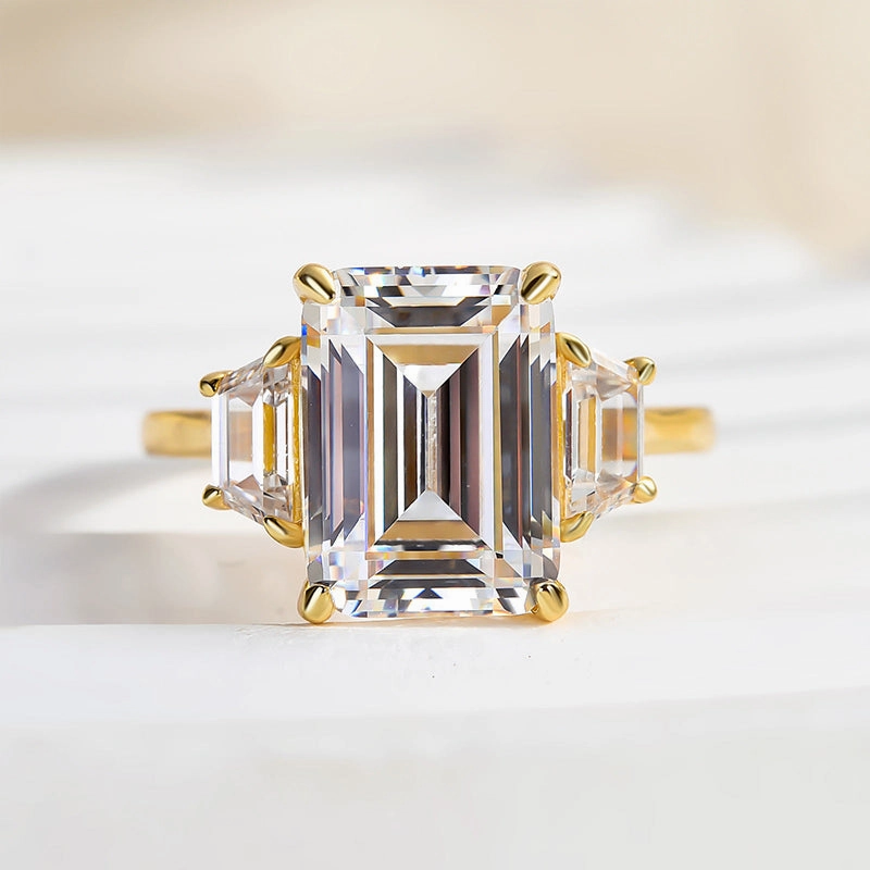 Louily Luxury Three Stone Emerald Cut Engagement Ring Designer Embellishment Simple Adornment