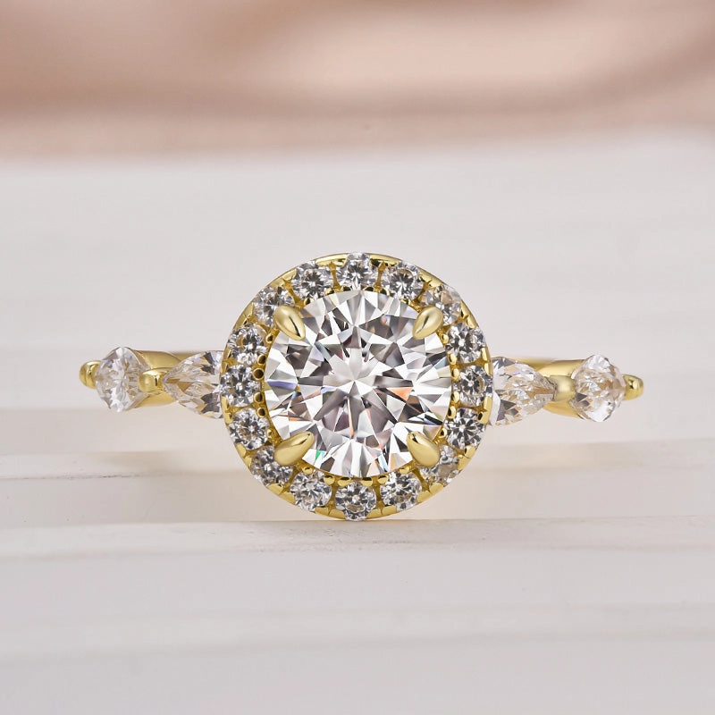 Affordable Decoration Simple Mark Louily Moissanite 1.0 Ct Halo Round Cut Yellow Gold Promise Ring