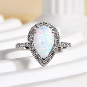 Strong Statement Balanced Simplicity Louily Opal Stone Pear Cut Engagement Ring In Sterling Silver