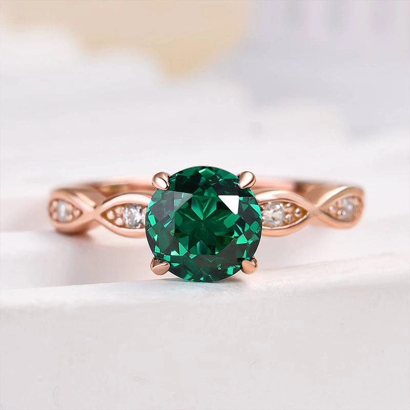 Debossed Logo Louily Rose Gold 1.0 Carat Emerald Green Round Cut Promise Ring In Sterling Silver