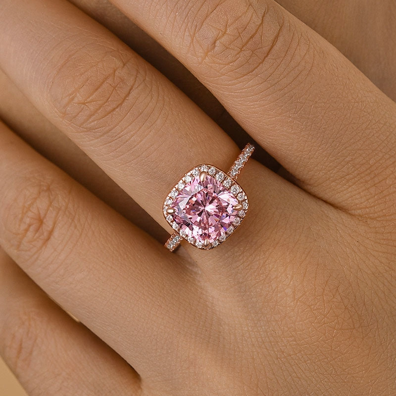 Louily Rose Gold Cushion Cut Synthetic Morganite Halo Engagement Ring Inspired Accent Refined Harmony