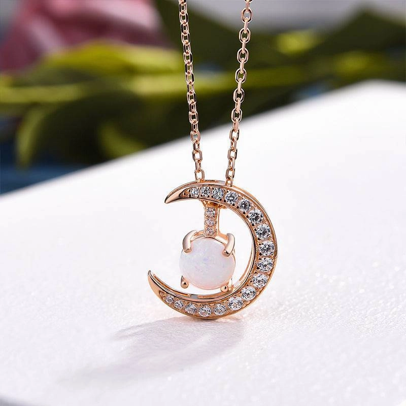 Simple Accent Elegant Jewelry Louily Rose Gold Moon Design Opal Pendant Necklace In Sterling Silver