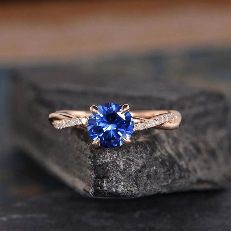 Louily Rose Gold Twist 1.25 Carat Blue Sapphire Round Cut Promise Ring For Her In Sterling Silver Exquisite Gift