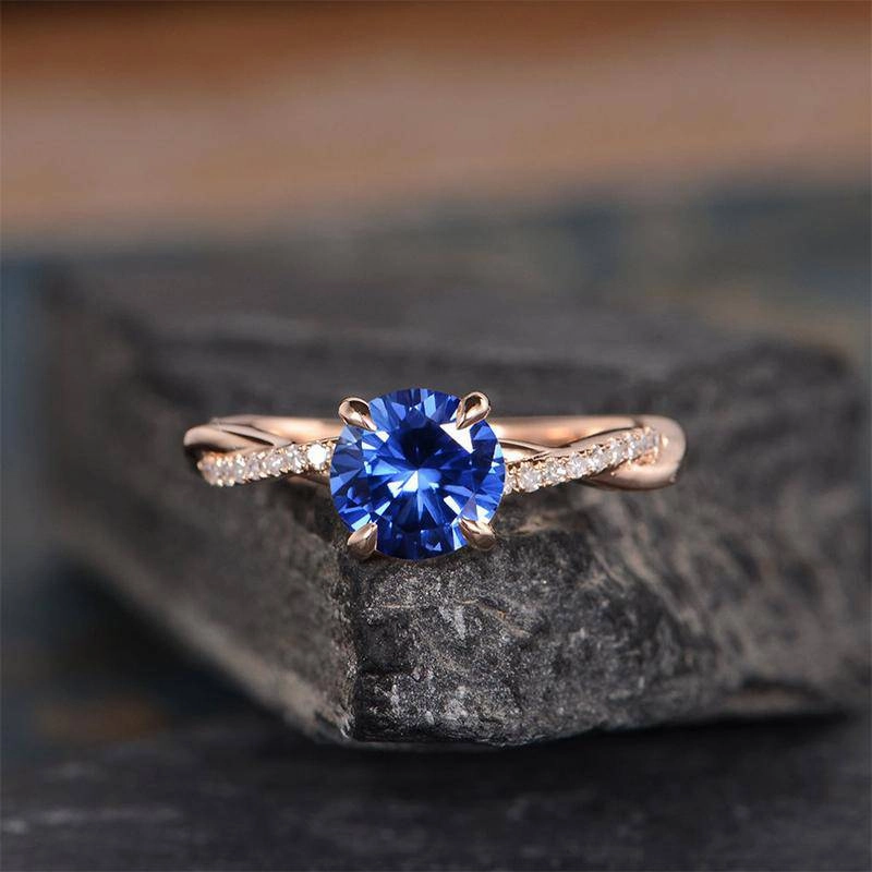 Romantic Embellishment Quality Gift Louily Rose Gold Twist 1.25 Carat Blue Sapphire Round Cut Promise Ring For Her In Sterling Silver