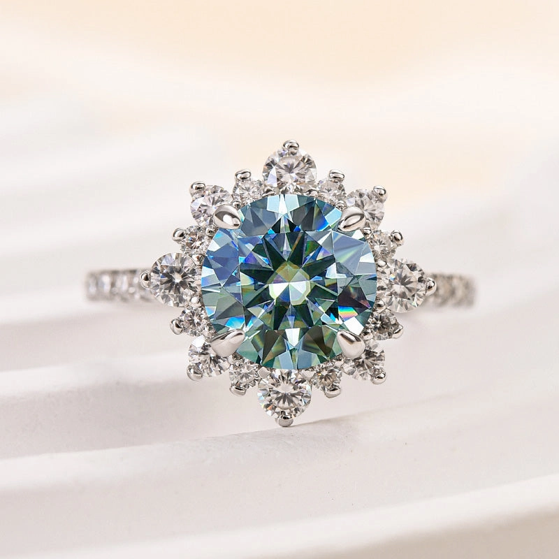 Louily Snowflake Design Halo Round Cyan Blue Moissanite Stone Engagement Ring In Sterling Silver Classic Proportion