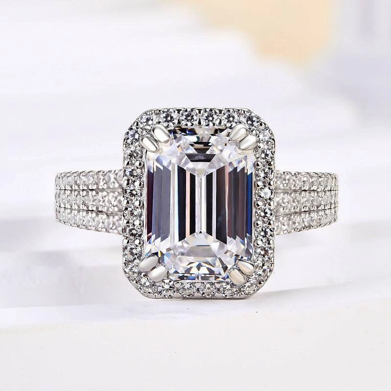 Designer Statement Minimalist Gift Louily Sparkle Halo Three Shank Emerald Cut Engagement Ring In Sterling Silver