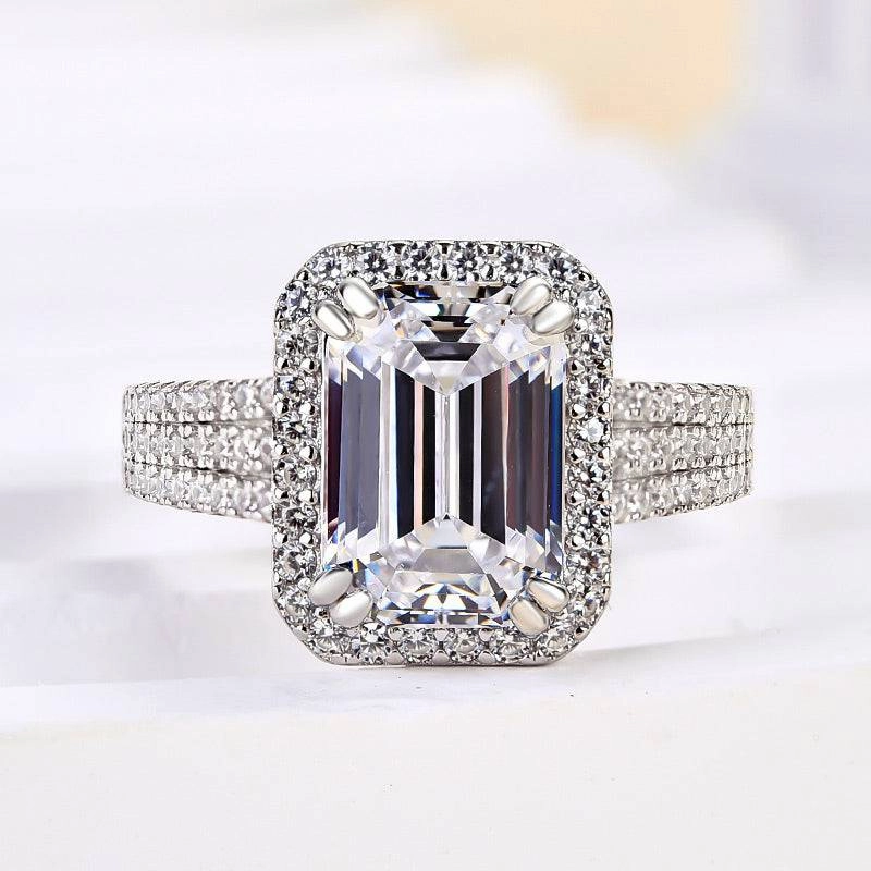 Louily Sparkle Halo Three Shank Emerald Cut Engagement Ring In Sterling Silver High-End Accessory