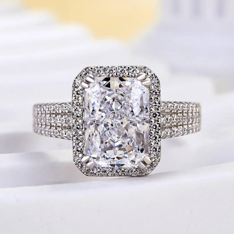 Louily Sparkle Halo Three Shank Radiant Cut Engagement Ring In Sterling Silver Sturdy Piece