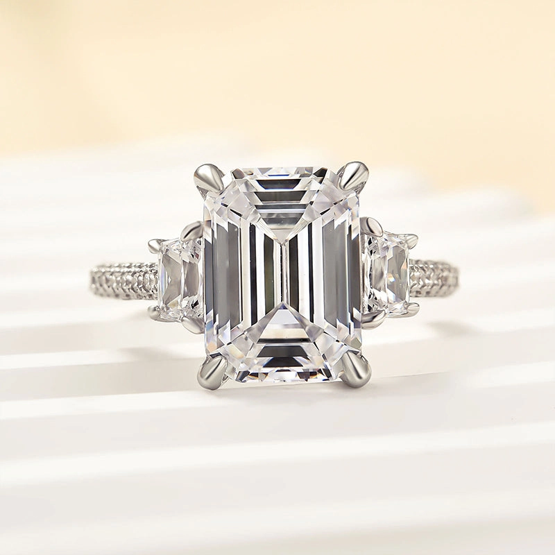 Custom Token Louily Stunning Emerald Cut Three Stone Engagement Ring In Sterling Silver