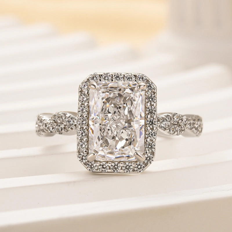 Louily Twist Halo Radiant Cut Engagement Ring Model Present Simple Bauble