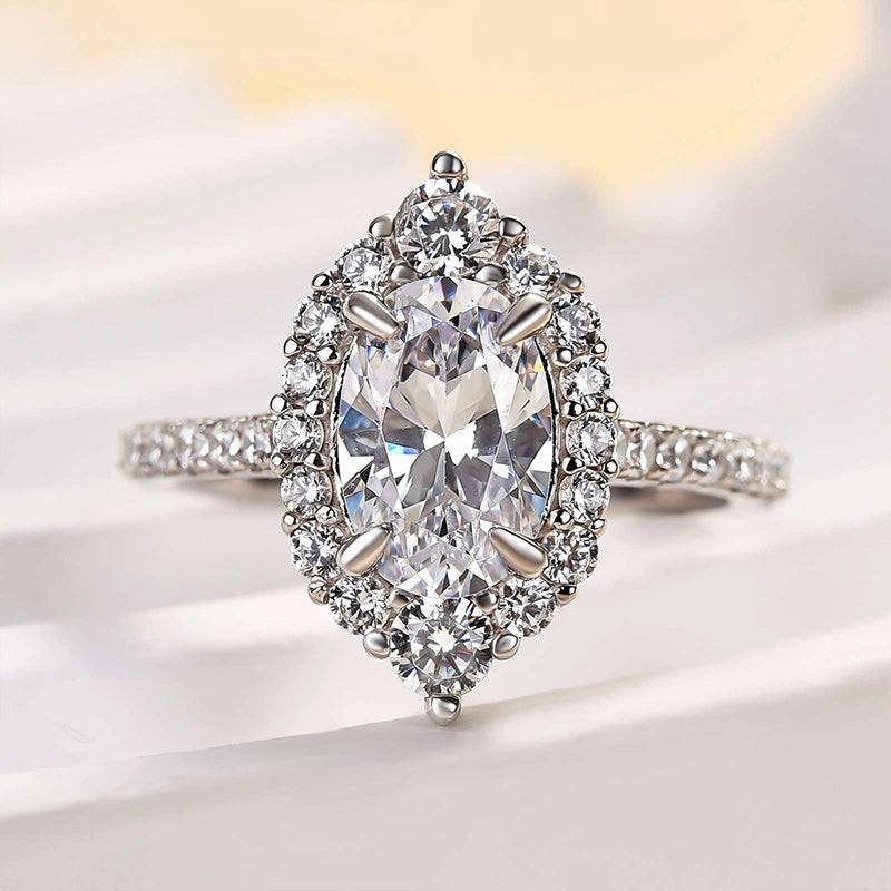 Bright Accent Ceremonial Purpose Louily Unique Design Halo Oval Cut Simulated Diamond Engagement Ring In Sterling Silver
