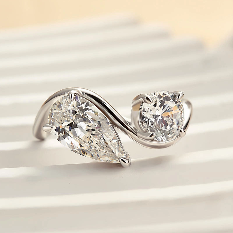 Old World Classic Work Louily Unique Double Stones Design Pear & Round Cut Engagement Ring In Sterling Silver