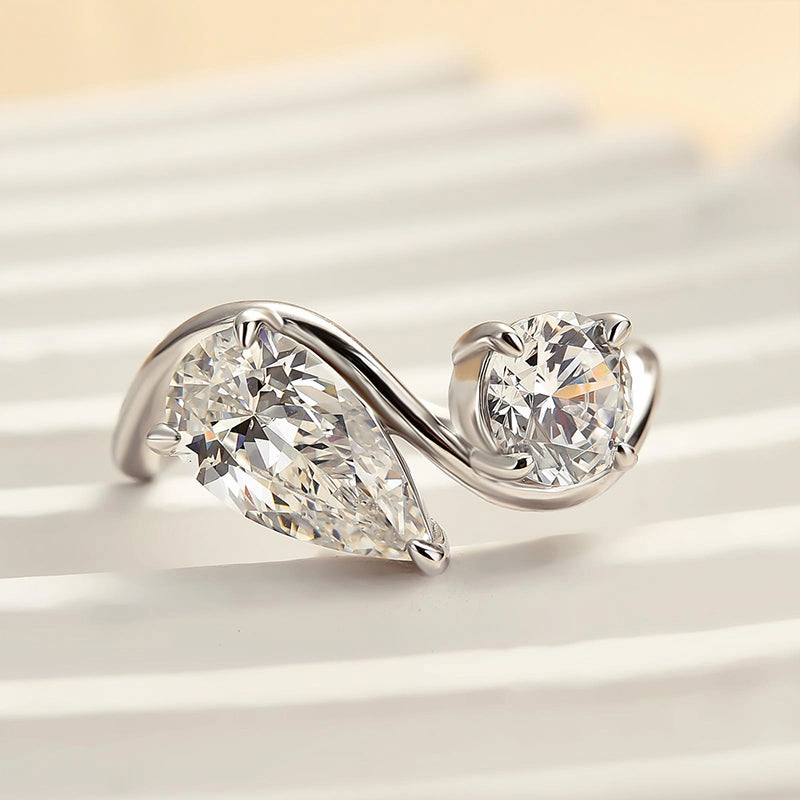 Glam Appeal Vintage Creation Louily Unique Double Stones Design Pear & Round Cut Engagement Ring In Sterling Silver