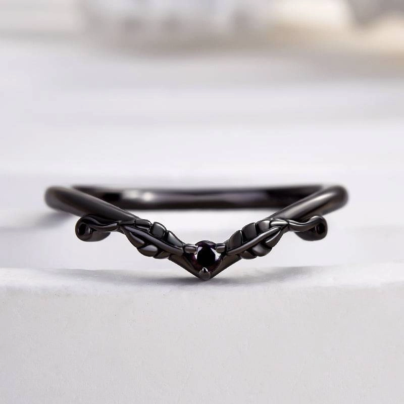 Louily Unique Leaf Design Black Stone Round Cut Wedding Band In Sterling Silver Chic Gift