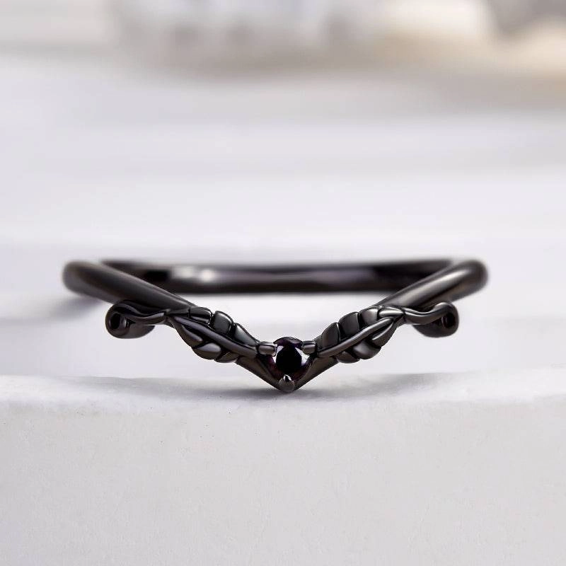Artistic Gift Luxury Embellishment Louily Unique Leaf Design Black Stone Round Cut Wedding Band In Sterling Silver