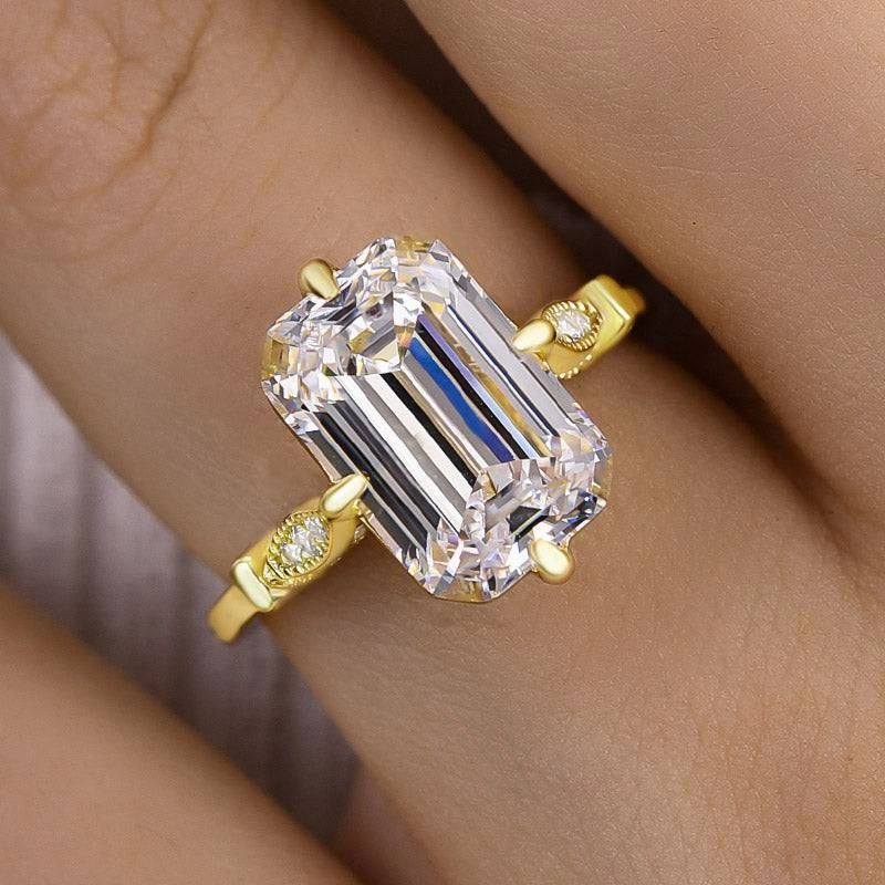 Fine Appearance Casual Look Louily Vintage Yellow Gold Emerald Cut Engagement Ring
