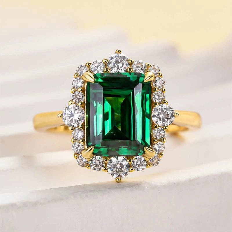 Louily Yellow Gold Halo Emerald Cut Engagement Ring In Sterling Silver Economical Decoration