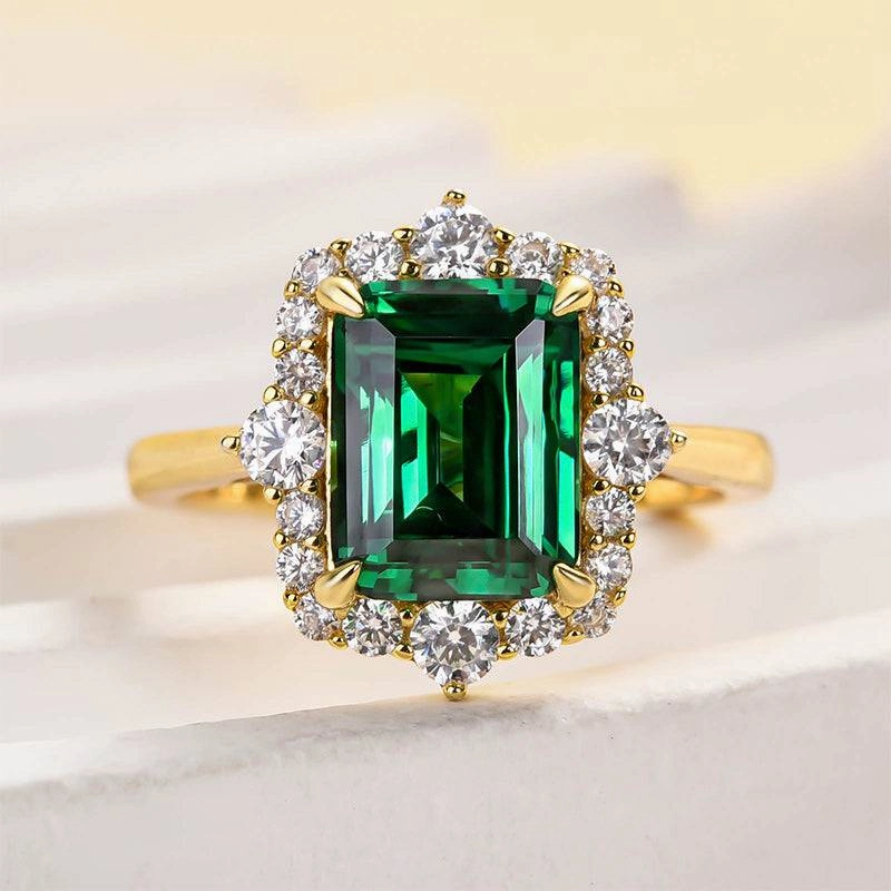Complex pattern Louily Yellow Gold Halo Emerald Cut Engagement Ring In Sterling Silver