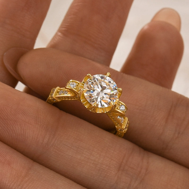 Louily Yellow Gold Moissanite 2.0 Carat Engagement Ring For Women Festival Present Impressive Gift