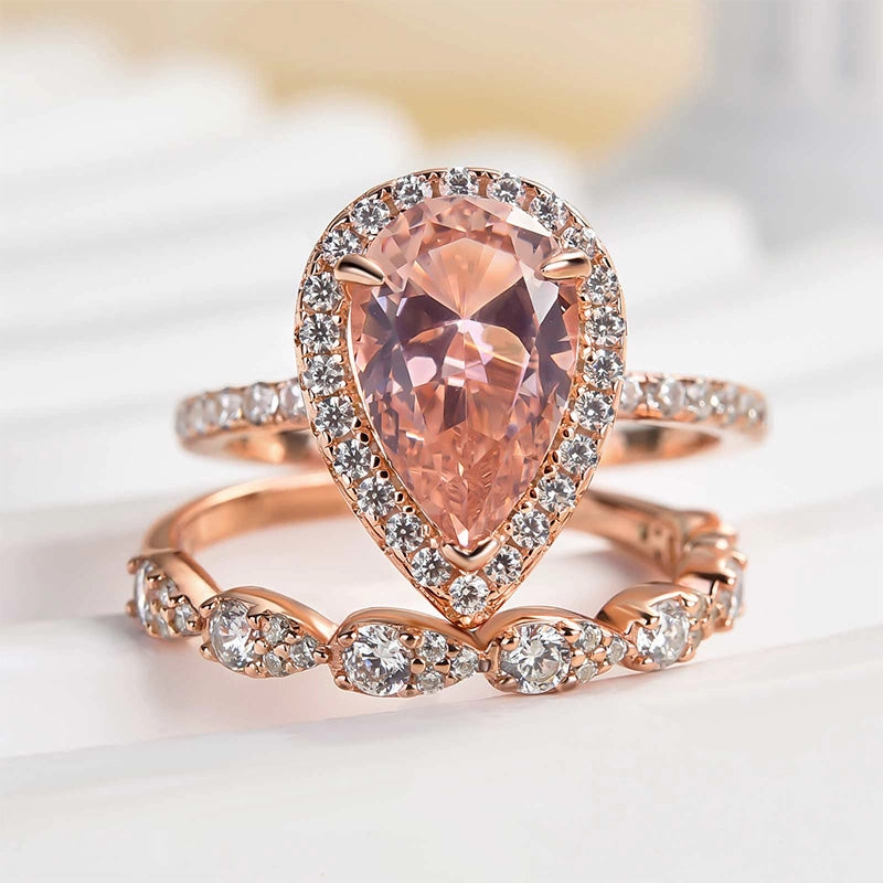 Cool Spark Louily Rose Gold Halo Pear Cut Synthetic Morganite Wedding Set