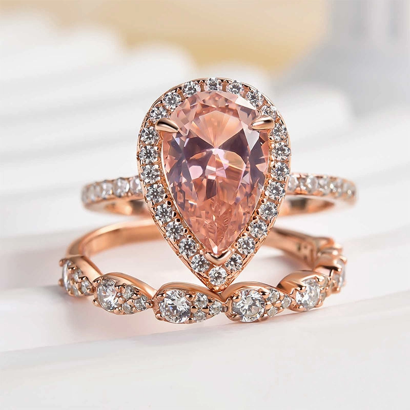 Birthday Surprise Patterned Surface Louily Rose Gold Halo Pear Cut Synthetic Morganite Wedding Set