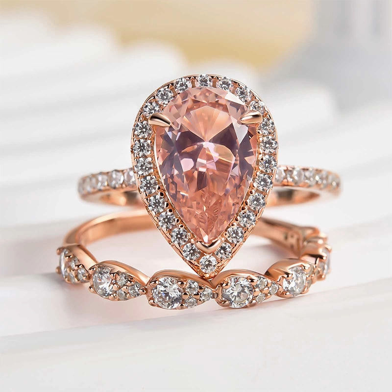 Louily Rose Gold Halo Pear Cut Synthetic Morganite Wedding Set Excellent Jewelry City Style