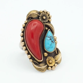 Natural Fit Designer Craft Luke Billie Yazzie Navajo Handmade 14K Yellow Gold Turquoise Coral Ring (Size 8)