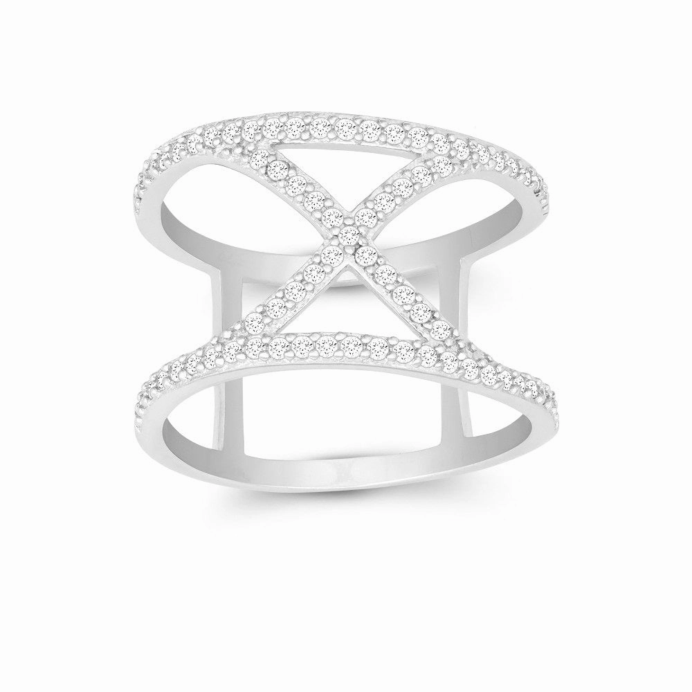 Sterling Silver Double CZ Wire with Center CZ "X" Wide Ring Bridal Choice Weekend Style
